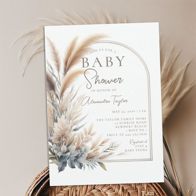 Invitation Pampas Végétation verte Boho Baby shower neutre (pampas grass baby shower invitation gender neutral watercolor greenery botanical foliage boho chic)