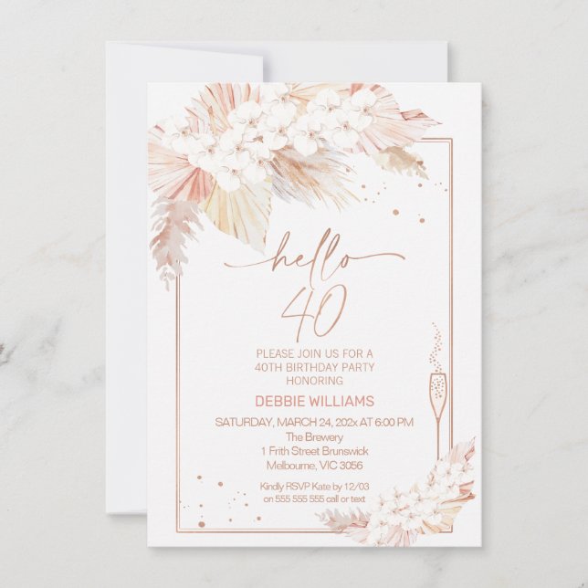 Invitation Pampas Verre en laiton Hello 40 Anniversaire Invit (Devant)