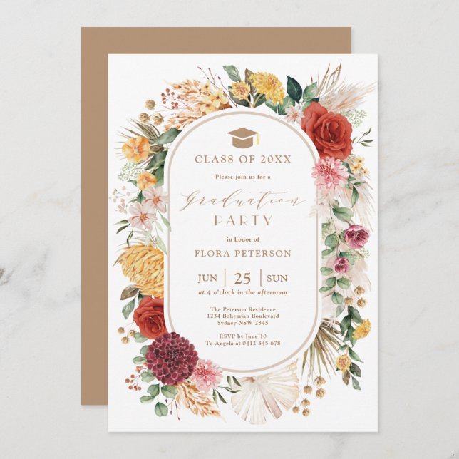 Invitation Pampas Vintage tropical Jardin Floral Graduation (Devant / Derrière)
