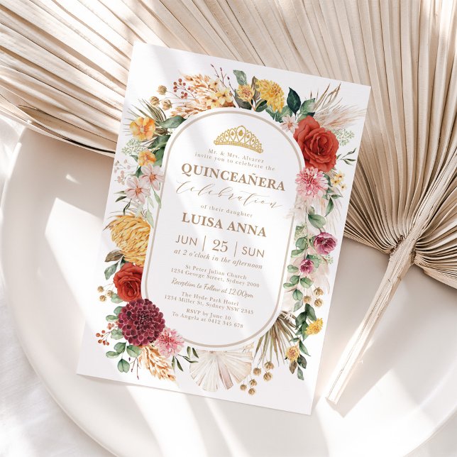 Invitation Pampas Vintage tropical Jardin Floral Quinceañera (Créateur téléchargé)