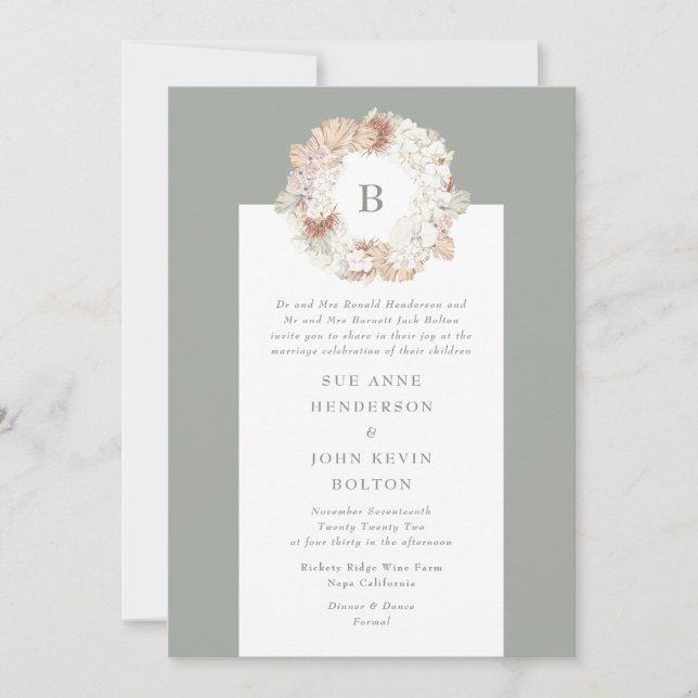 Invitation Pampas Wreath Moss Green Monogram Mariage (Devant)