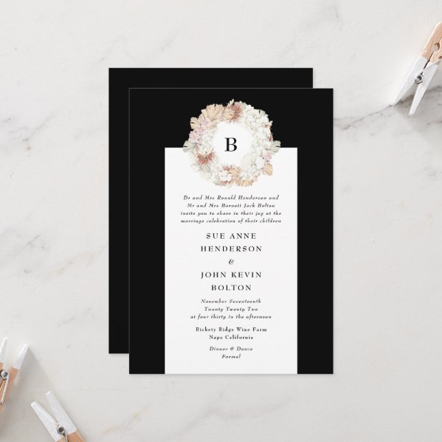 Invitation Pampas Wreath noir blanc Monogramme Mariage (Devant/Arrière en situation)