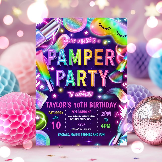 Invitation Pamper Party Glow Neon Spa Maquillage Anniversaire (Créateur téléchargé)