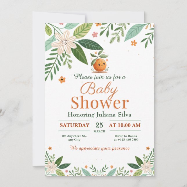Invitation Pamplemousse Orange Citrus Little Cutie baby showe (Devant)