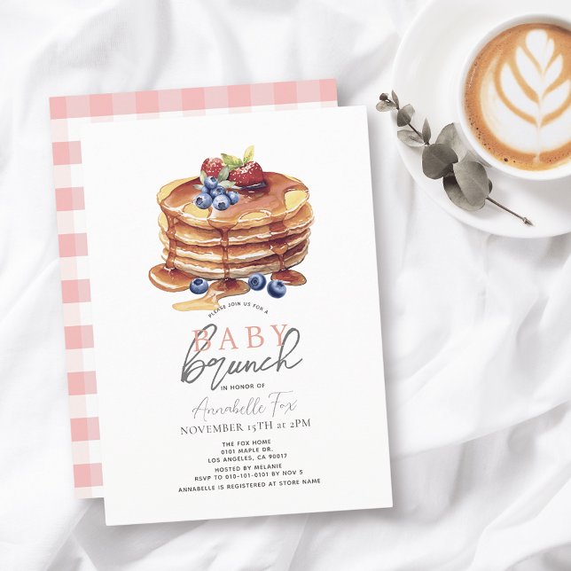 Invitation Pancake Aquarelle rose En vichy Fille Bébé Brunch (Créateur téléchargé)