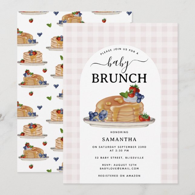 Invitation Pancakes Berries Brunch Pink Plaid Baby Shower (Devant / Derrière)
