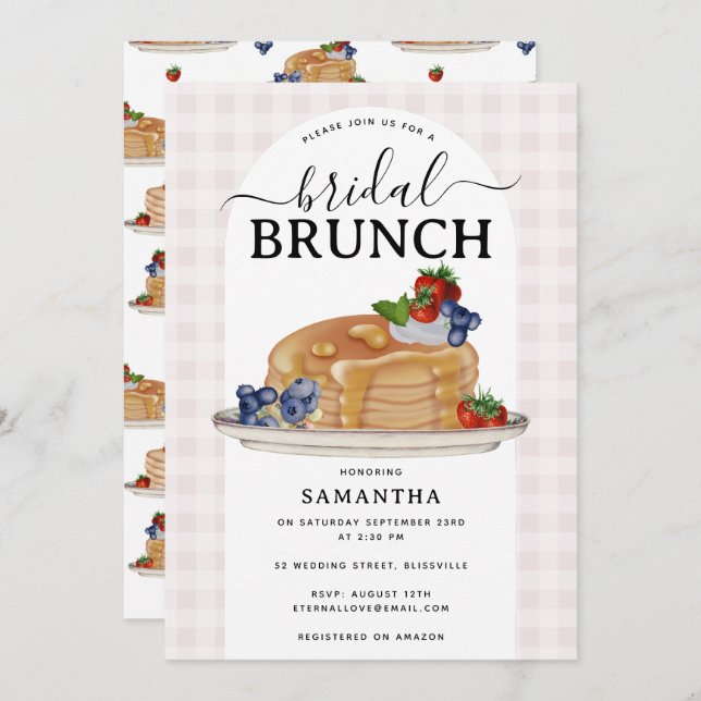 Invitation Pancakes Berries Brunch Pink Plaid Bridal Shower (Devant / Derrière)