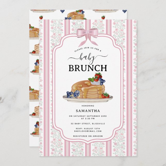 Invitation Pancakes Brunch Pink Botanical Baby Shower (Devant / Derrière)