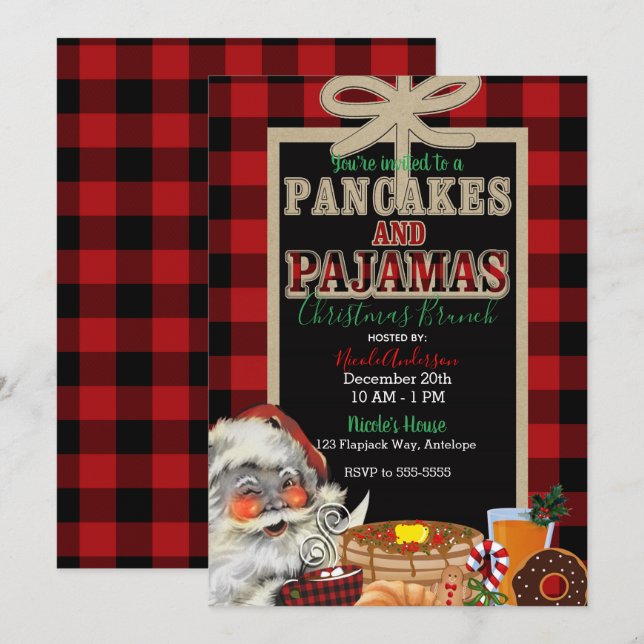 Invitation Pancakes et Pyjama Fête Rouge Plaid de Buffalo (Devant / Derrière)