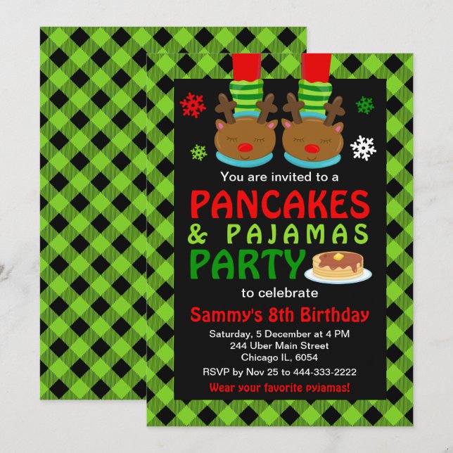 Invitation Pancakes et pyjamas Anniversaire Reindeer Green Pl (Devant / Derrière)