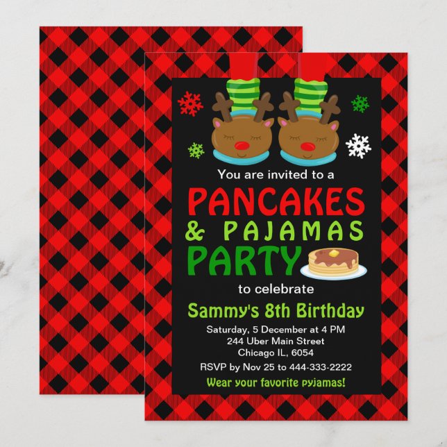 Invitation Pancakes et pyjamas Anniversaire Reindeer Red Plai (Devant / Derrière)