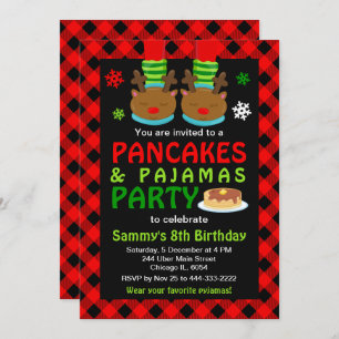 Invitation Pancakes et pyjamas Anniversaire Reindeer Red Plai
