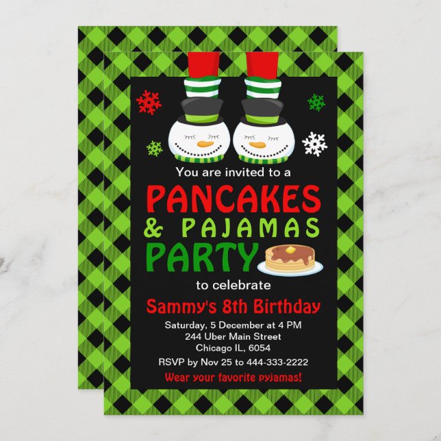 Invitation Pancakes et pyjamas Anniversaire Snowman Green Pla (Devant / Derrière)