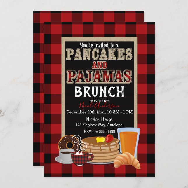 Invitation Pancakes et pyjamas Brunch Red Buffalo Plaid (Devant / Derrière)