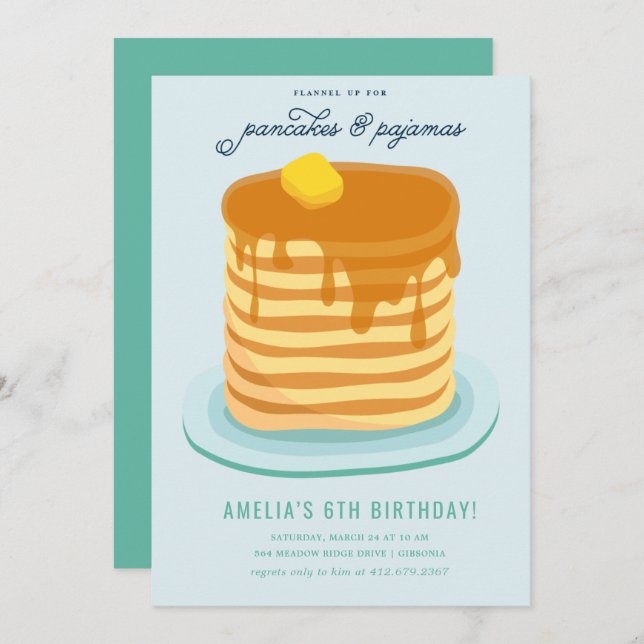 Invitation Pancakes et pyjamas fête d'anniversaire (Devant / Derrière)