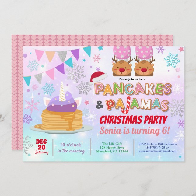 Invitation Pancakes et pyjamas Noël anniversaire licorne (Devant / Derrière)