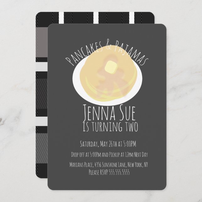 Invitation Pancakes et Pyjamas Soirée Pyjama Filles | Carreau (Devant / Derrière)