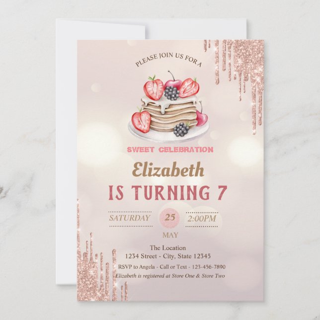 Invitation Pancakes Paillettes Gouttes Bokeh Anniversaire (Devant)
