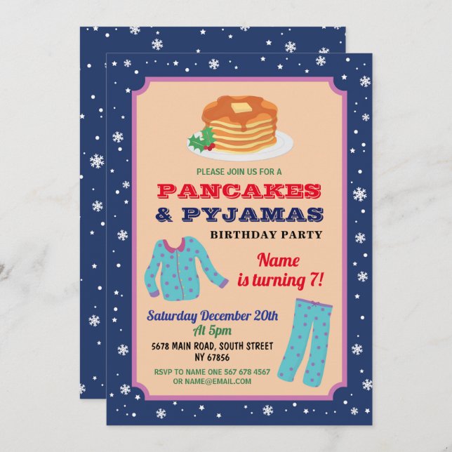 Invitation Pancakes & Pajamas Party Noël Anniversaire Bleu (Devant / Derrière)