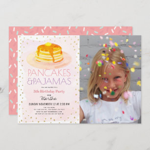 Invitation Pancakes & Pajamas Pink Gold Girl Photo Anniversai