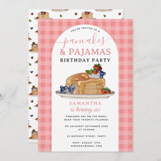 Invitation Pancakes Pajamas PJ's Girl Kids Birthday Party (Devant / Derrière)