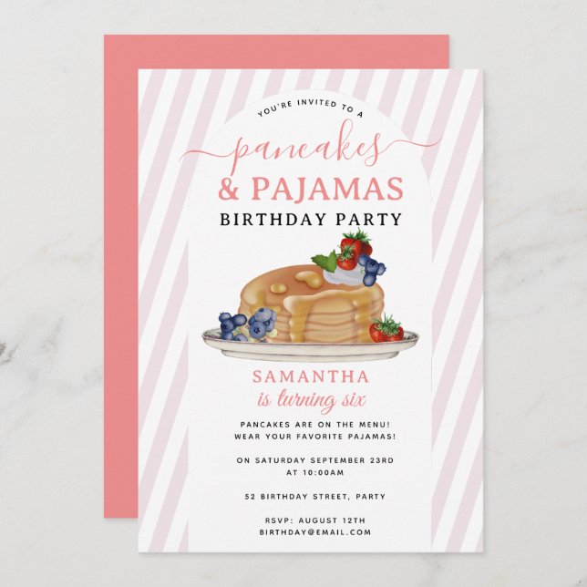 Invitation Pancakes Pajamas PJ's Girl Kids Birthday Party (Devant / Derrière)