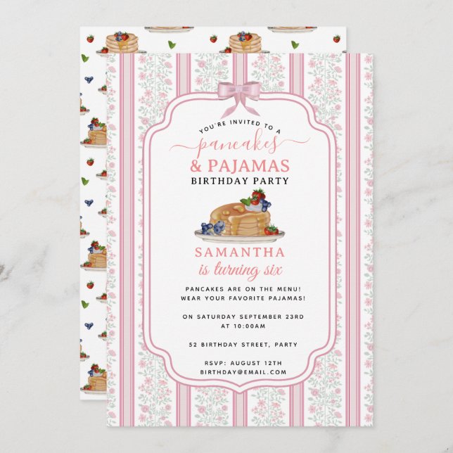 Invitation Pancakes Pajamas PJ's Girl Kids Birthday Party (Devant / Derrière)