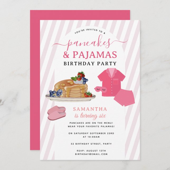 Invitation Pancakes Pajamas PJ's Girl Kids Birthday Party (Devant / Derrière)