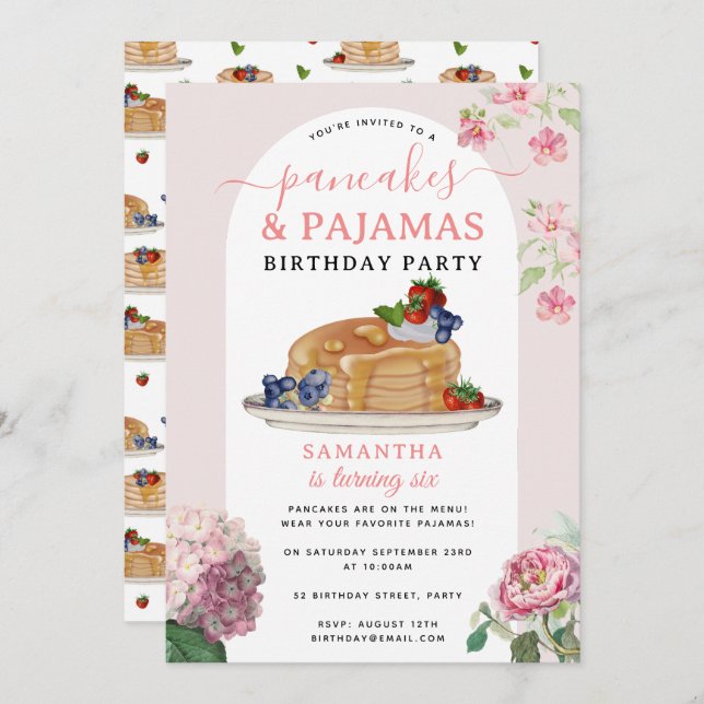 Invitation Pancakes Pajamas PJ's Girl Kids Birthday Party (Devant / Derrière)