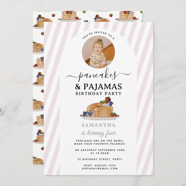 Invitation Pancakes Pajamas PJ's Girl Kids Birthday Photo (Devant / Derrière)