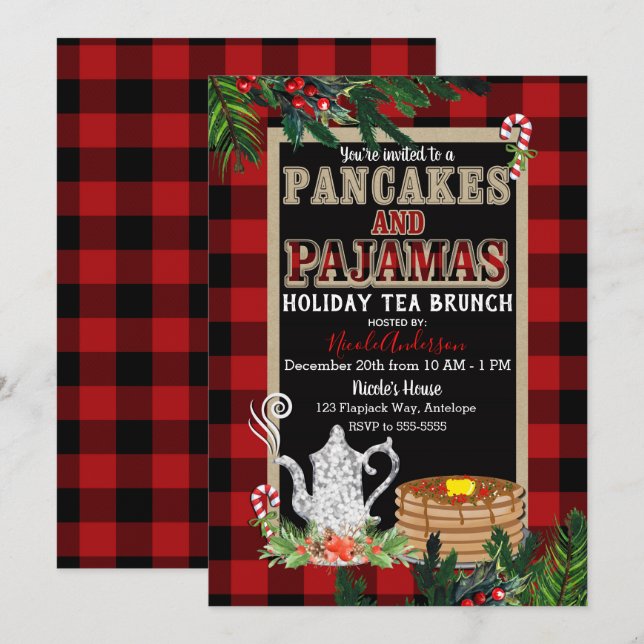 Invitation Pancakes & Pyjama Thé de Fêtes Brunch Plaid Rustiq (Devant / Derrière)