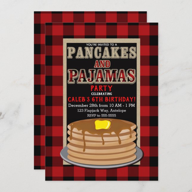 Invitation Pancakes rustiques et pyjamas Rouge noir Buffalo p (Devant / Derrière)