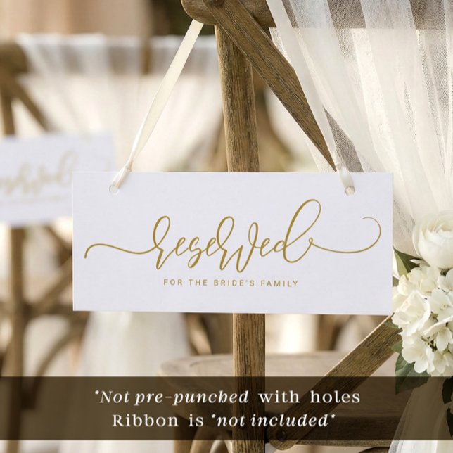 Invitation Pancarte de mariage réservé écriture sautillante p (Gold and white bouncy swirly script wedding and event reserved cards. Not hole punched. No ribbon.)
