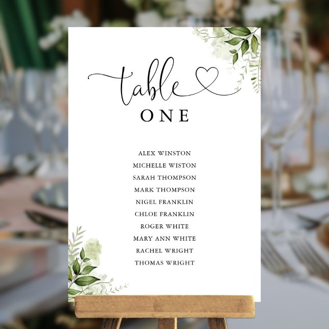 Invitation Pancarte de table à numéro de siège en écriture cu (Greenery Heart Script Table Number Seating Chart)
