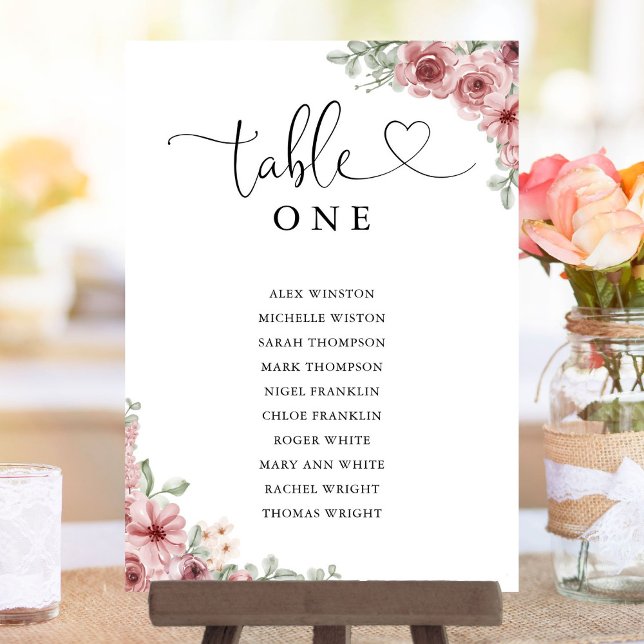 Invitation Pancarte de table de numéro de siège de script de  (Floral Heart Script Table Number Seating Chart)