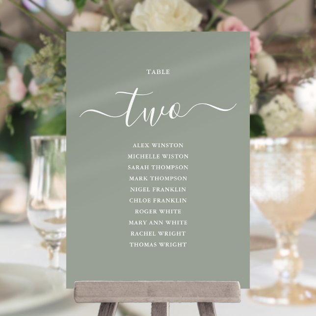 Invitation Pancarte de table numéro 2 de disposition de siège (Sage Green Script Table Number 2 Seating Chart)