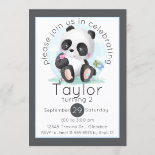 Invitation Panda aquarelle avec papillons Anniversaire