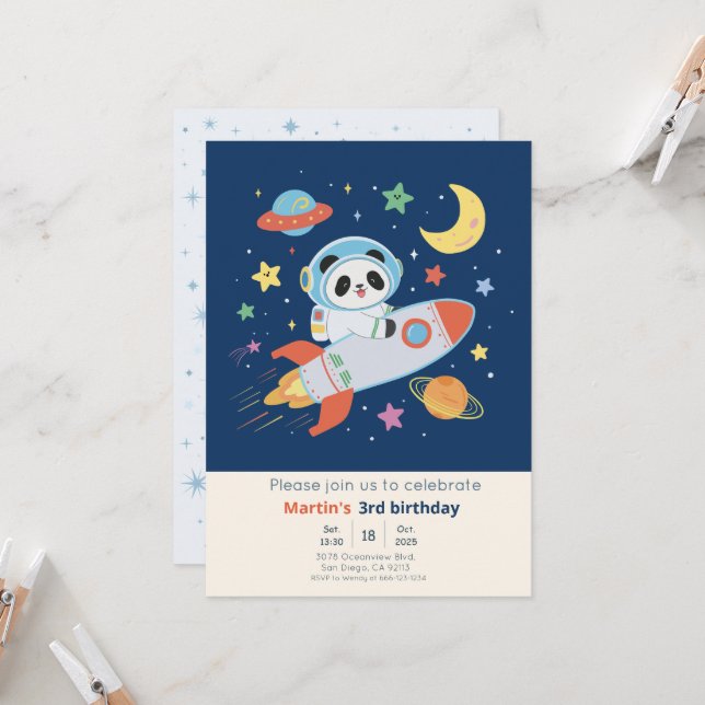 Invitation Panda Astronaute bleu et orange (Devant/Arrière en situation)