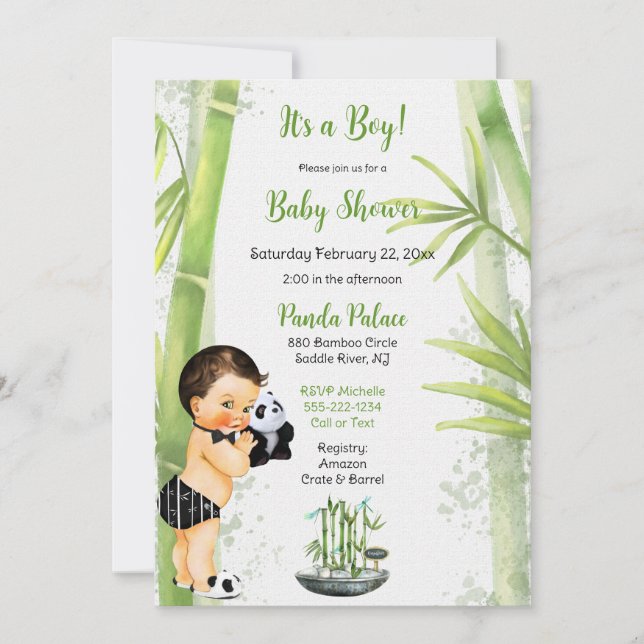 Invitation Panda Bamboo Thème Baby Boy Black White Green (Devant)