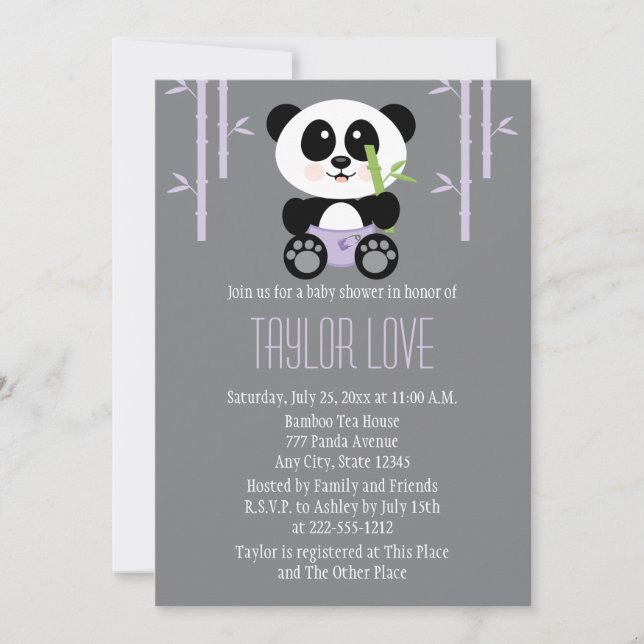 Invitation Panda bambou violet dans le Baby shower des plonge (Devant)
