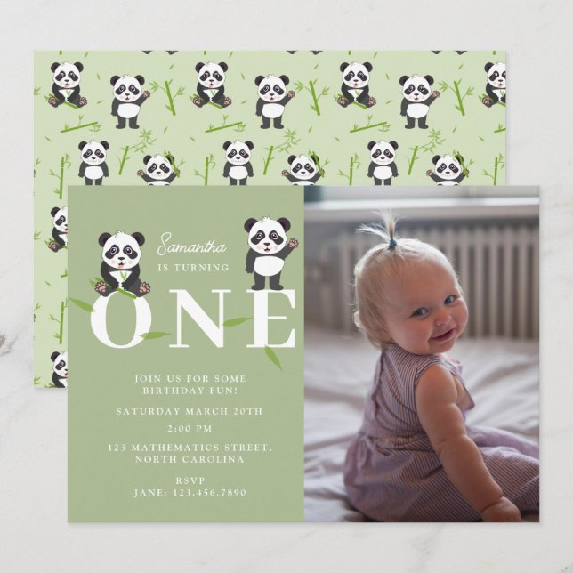 Invitation Panda Bear Kawaii Kids First One Birthday Photo (Devant / Derrière)
