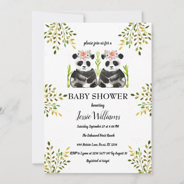 Invitation Panda Bear Twins Girl Baby shower Verdure Nature (Devant)