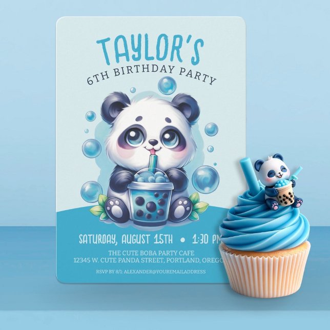 Invitation Panda Boire Bleu Boba Bubble Thé fête d'anniversai (Créateur téléchargé)