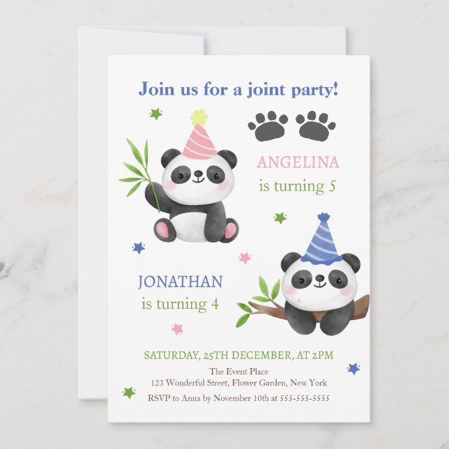 Invitation Panda Boy and Girl Joint Birthday  (Devant)