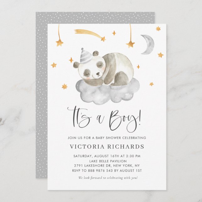 Invitation Panda couché mignon gris C'est un Baby shower garç (Devant / Derrière)