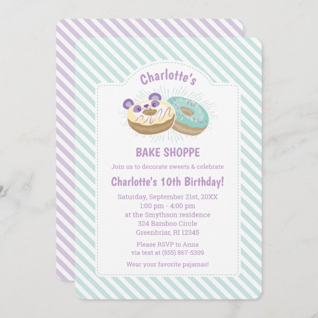 Invitation Panda Donut violet et boulangerie verte Anniversai (Devant / Derrière)