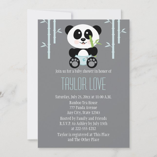 Invitation Panda en bambou bleu dans le baby shower de (Devant)