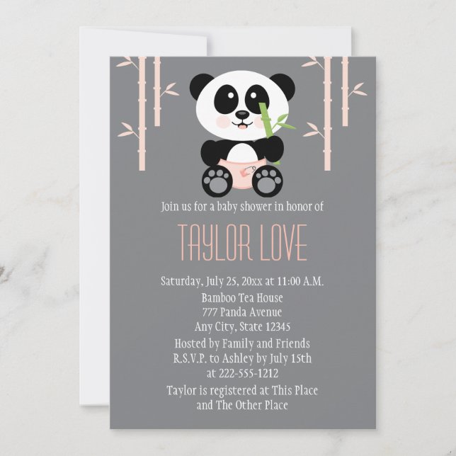 Invitation Panda en bambou rose dans le Baby shower des plong (Devant)
