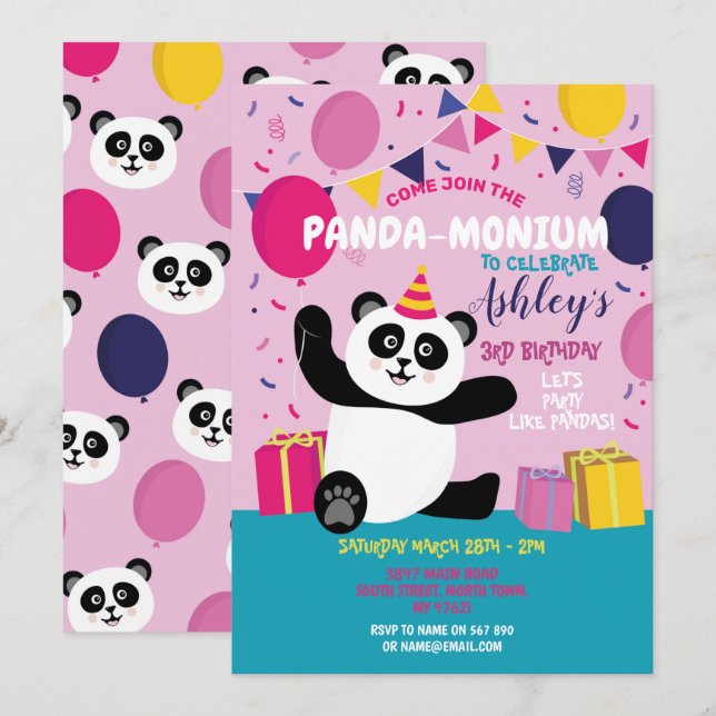 Invitation Panda fête Anniversaire Panda-monium Pink Invitati (Devant / Derrière)