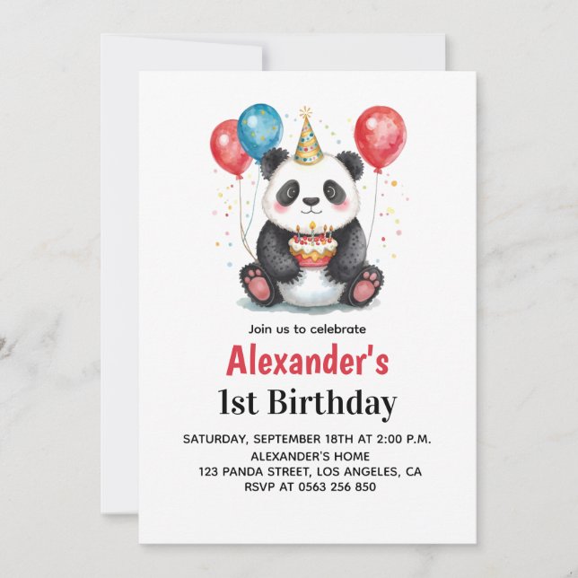 Invitation Panda mignonne avec ballons et gâteau 1er annivers (Devant)
